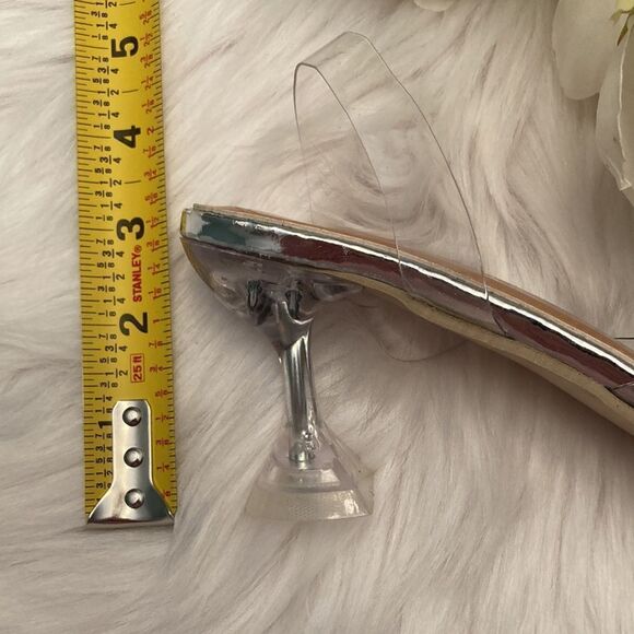 Vinyl Clear Silver Rhinestone Pointed Toe Kitten Heel Slingback Sandals Shoes - Picture 5 of 13